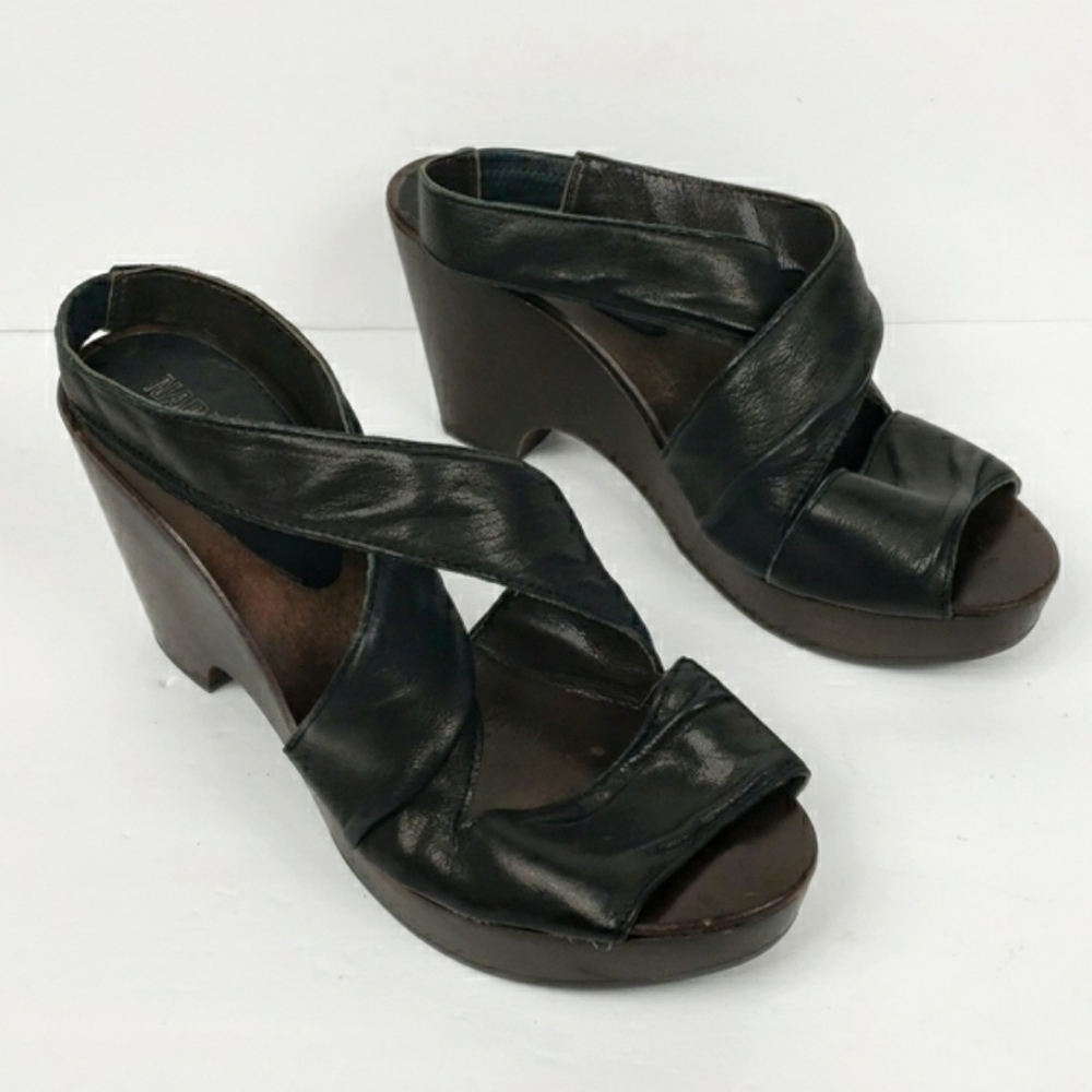 Nara Shoes Black Leather Wrap & Wooden Sole Platform Slip-On Peep Toe Sandals 39